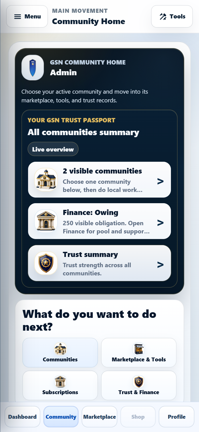 GSN Community Home screen