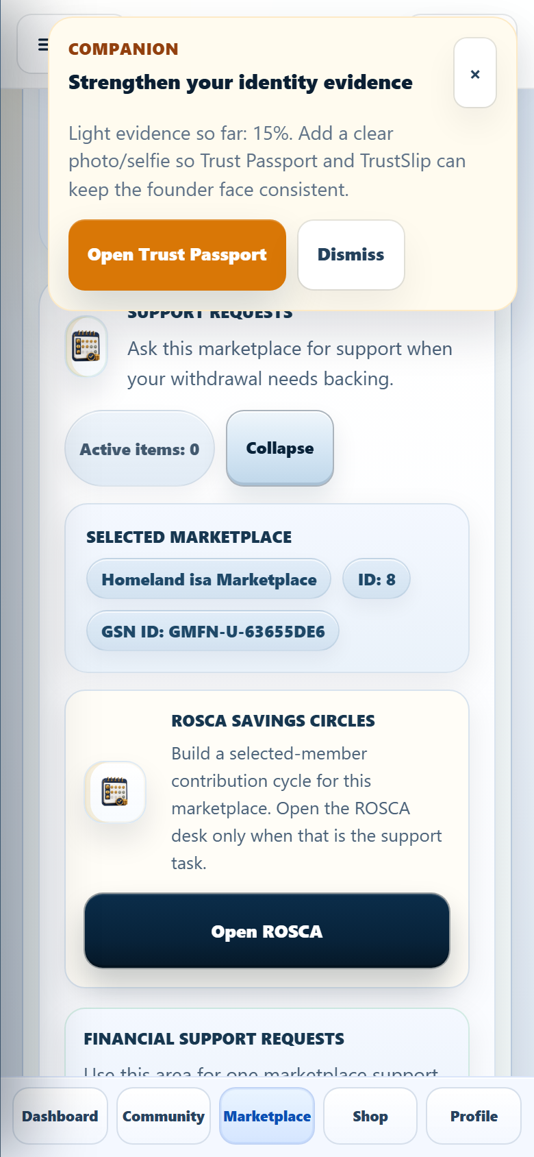 GSN marketplace support view